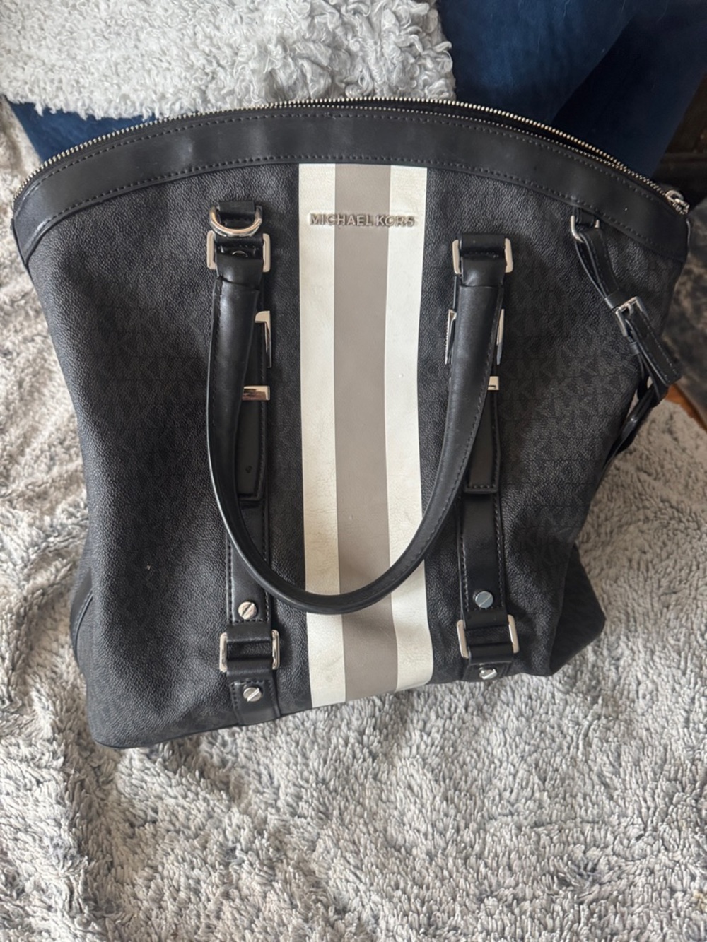 Michael Kors Black Bag with White and Gray Racing Stripes